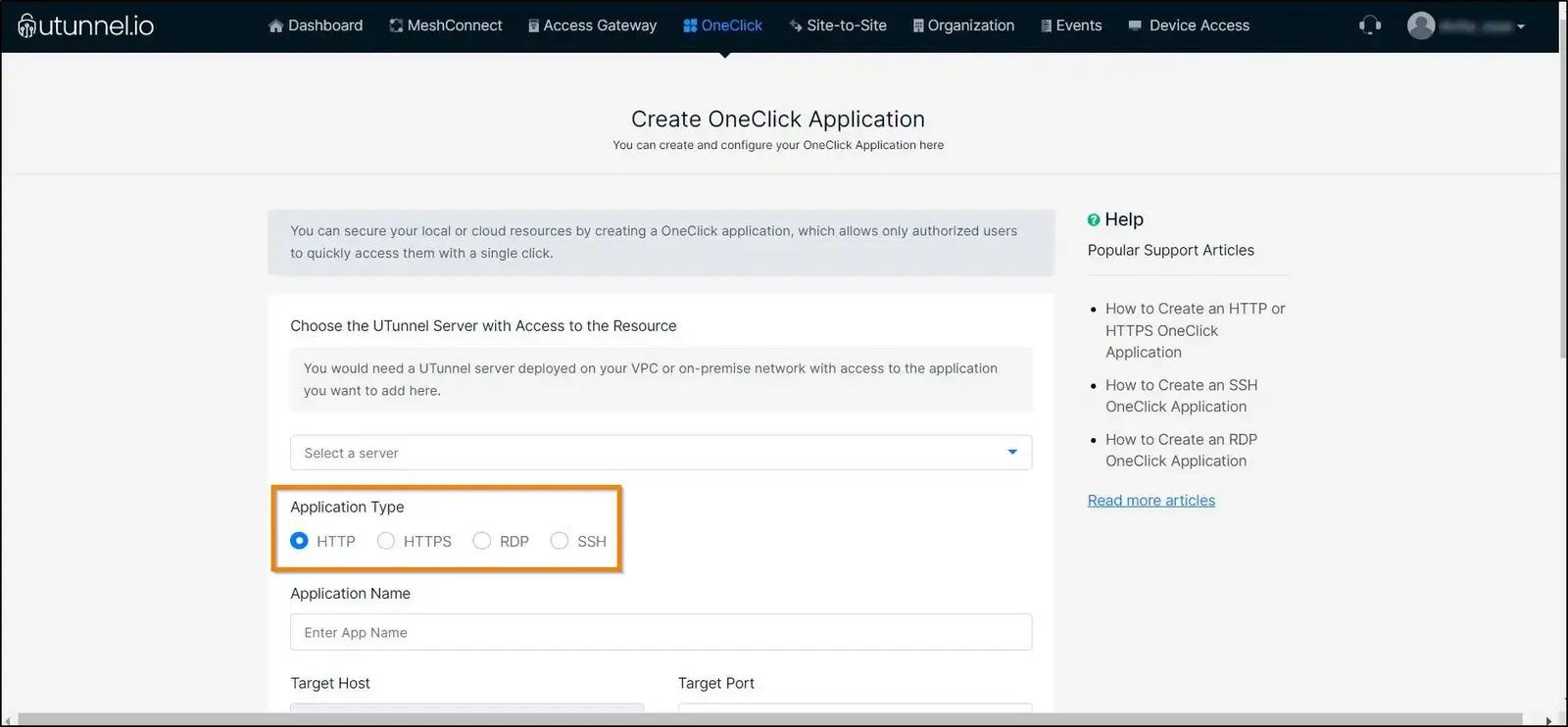 How to Create an HTTP or HTTPS OneClick Application select HTTP or HTTPS