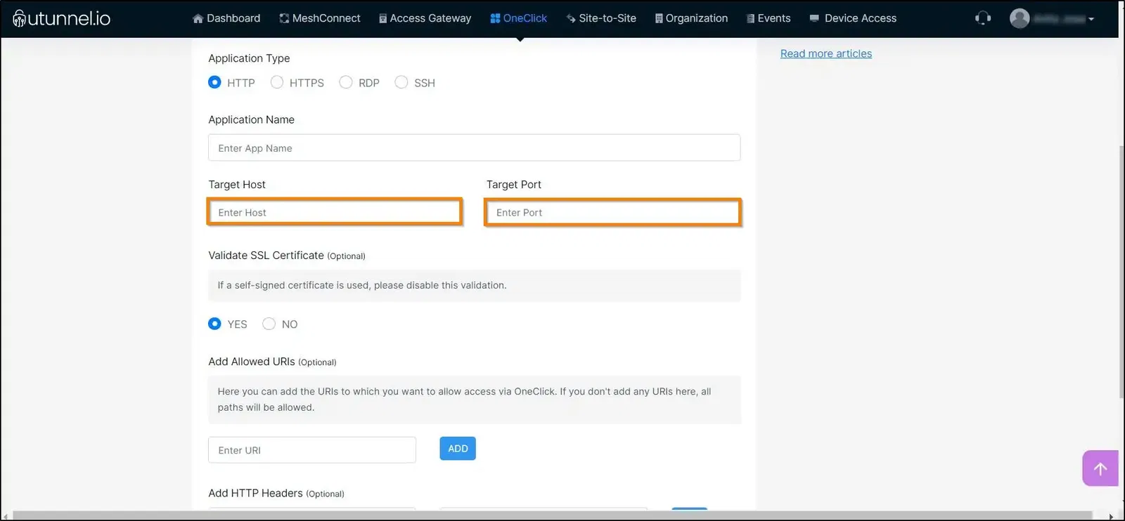 How to Create an HTTP or HTTPS OneClick Application key in Target Host and Target Port