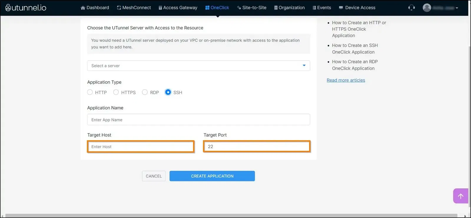 zero trust application SSH target details