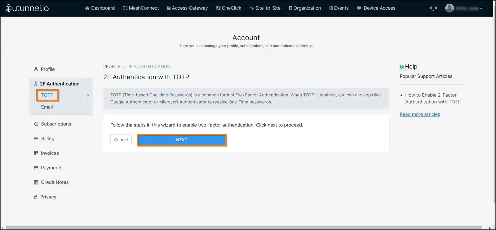 business vpn account TOTP enable screen