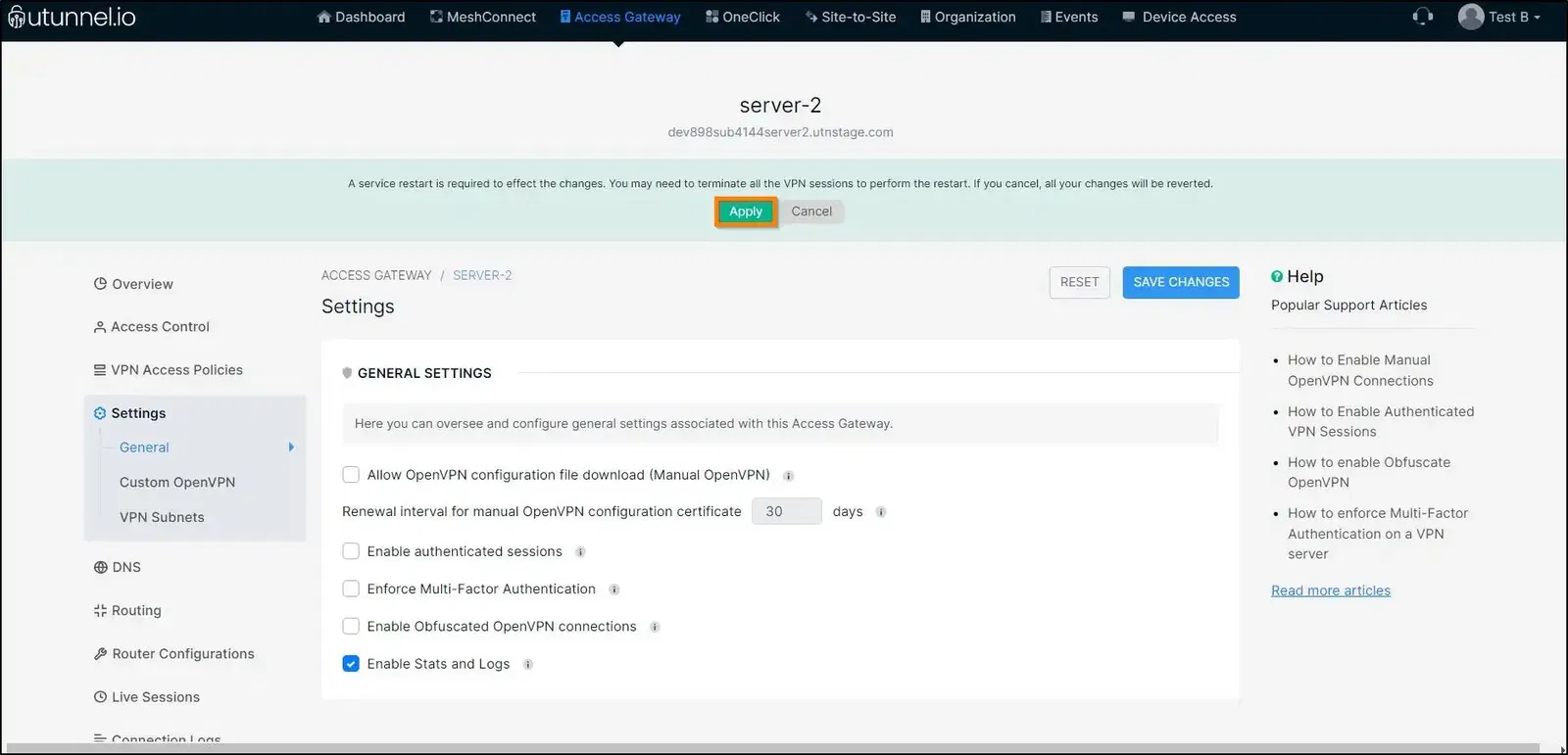 How to enable VPN logs and stats server restart
