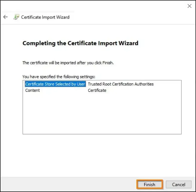 CA certificate install finish screen
