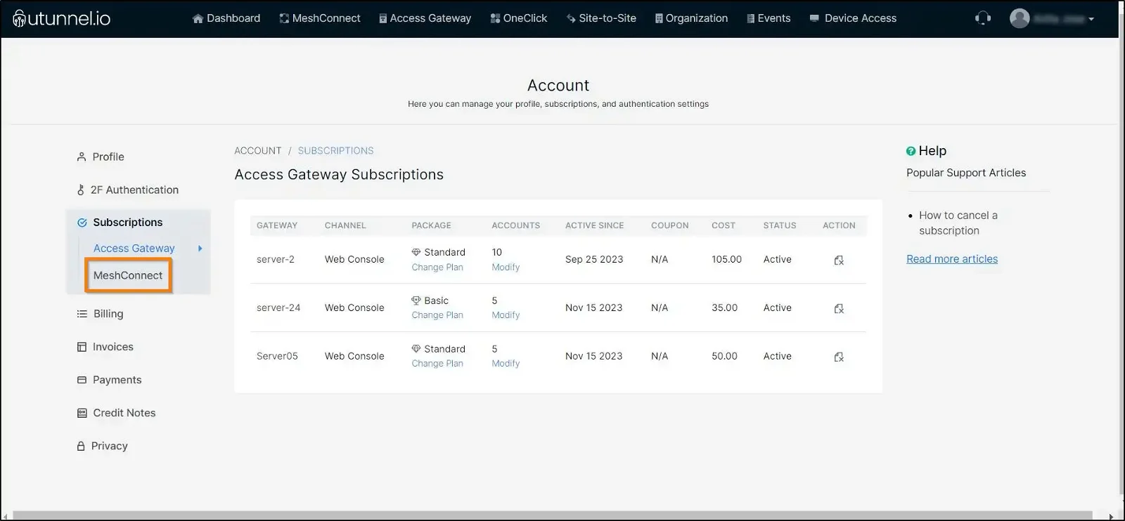 How to manage MeshConnect subscription navigate to MeshConnect subscription page