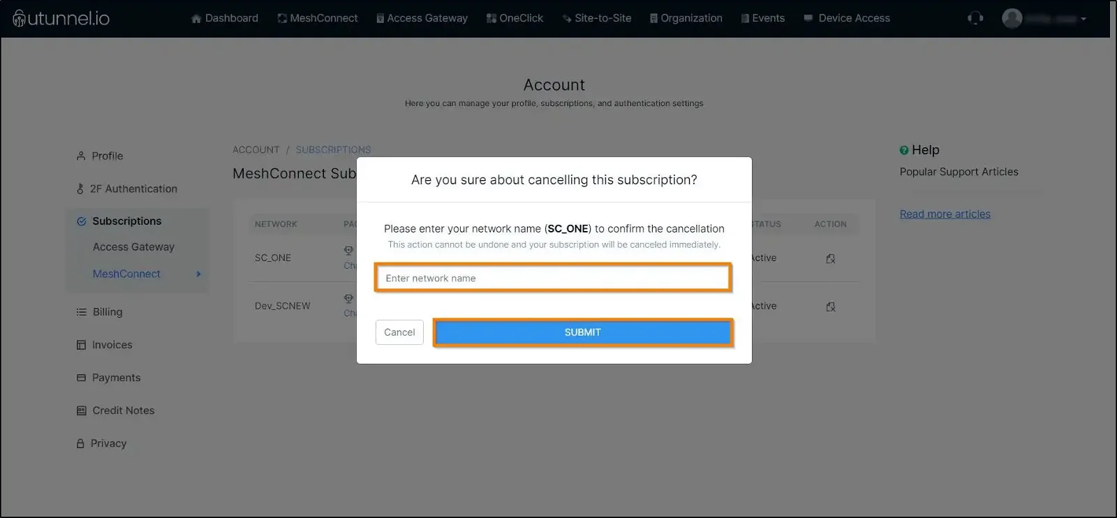 How to manage MeshConnect subscription modify subscription