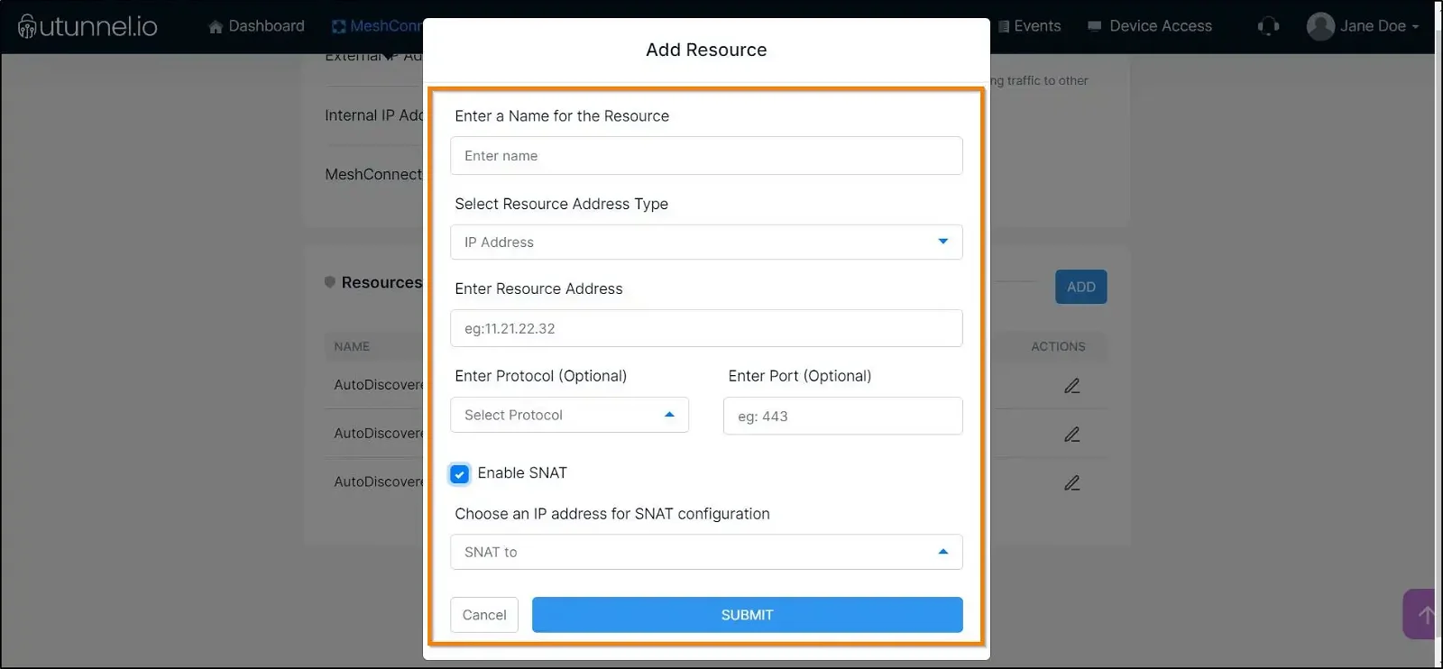 How to manage resources on a MeshConnect Site add resource pop-up window
