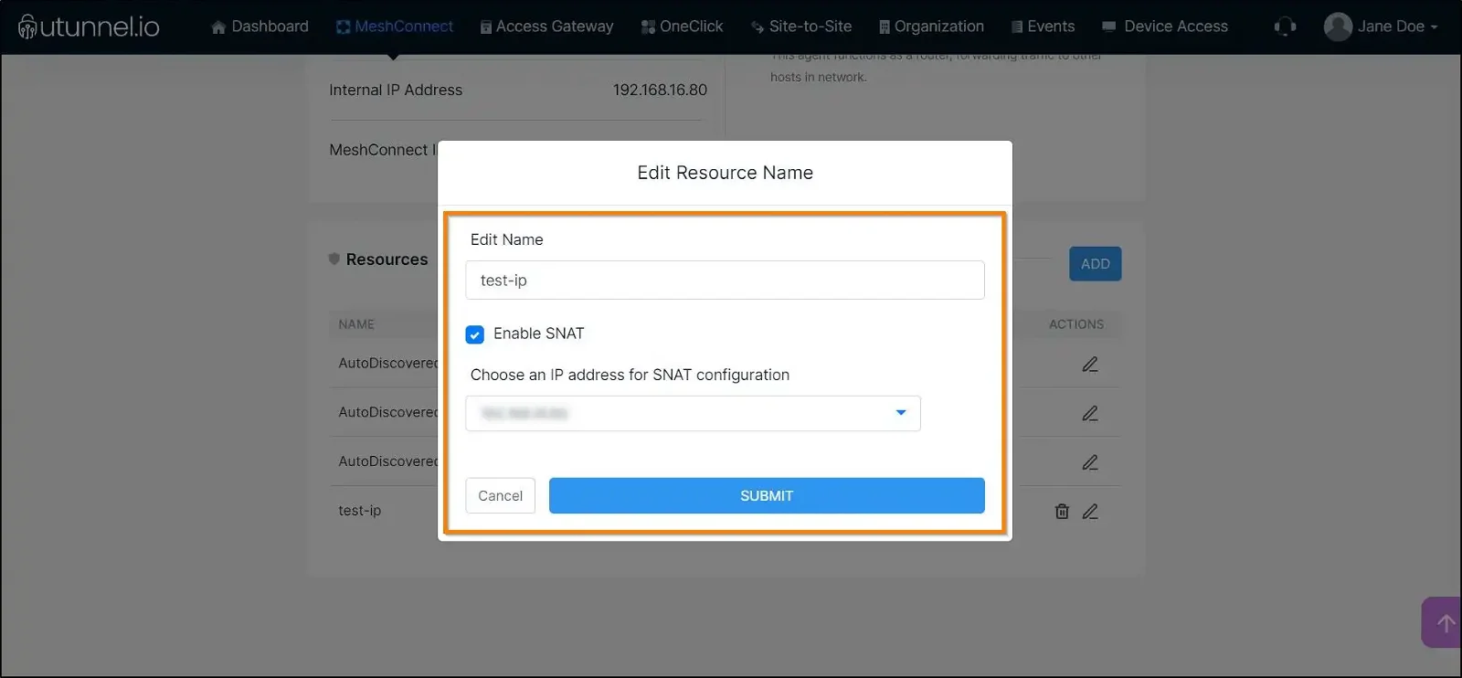 How to manage resources on a MeshConnect Site edit resource name pop-up window