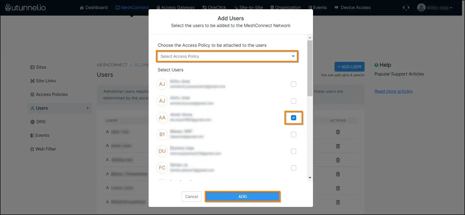 How to manage users on a MeshConnect network adding users