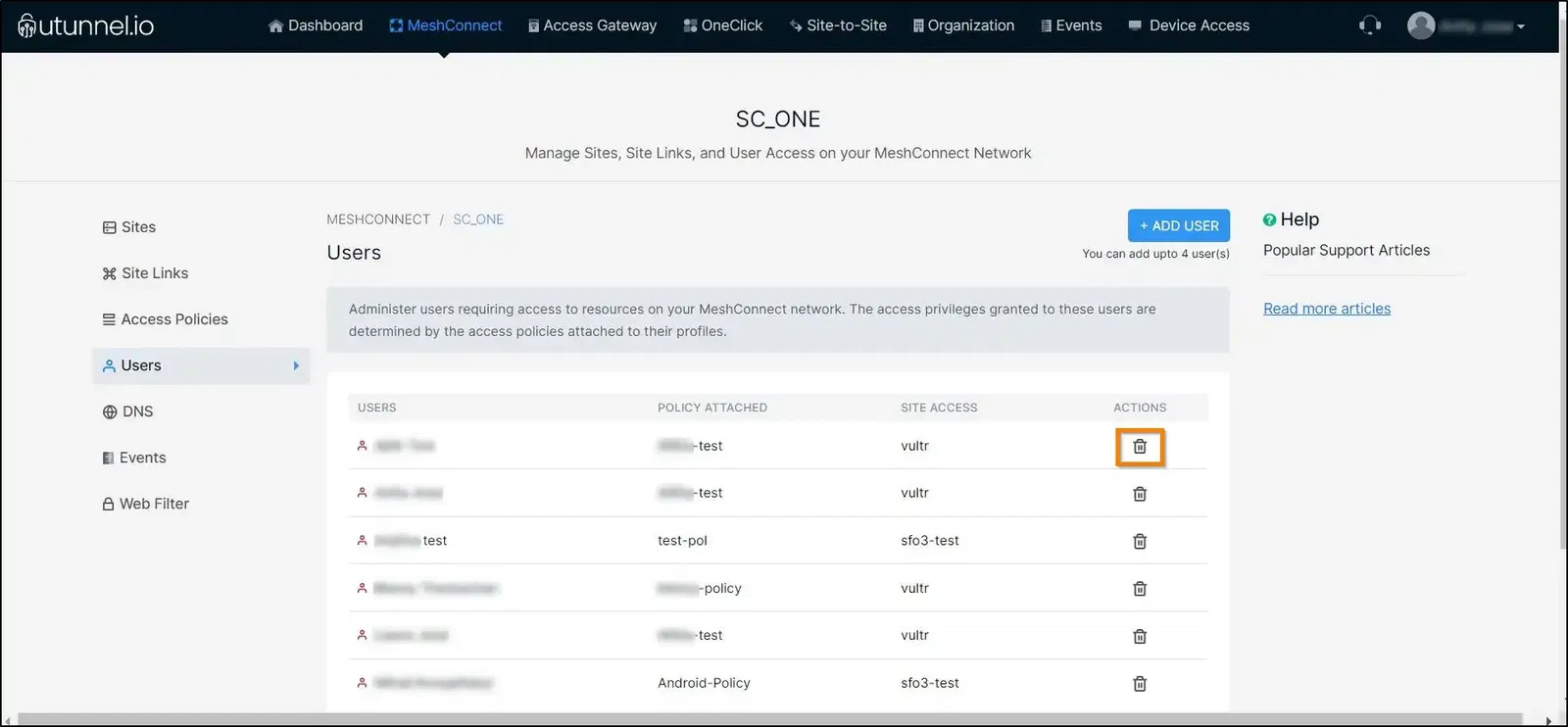 How to manage users on a MeshConnect network deleting a user