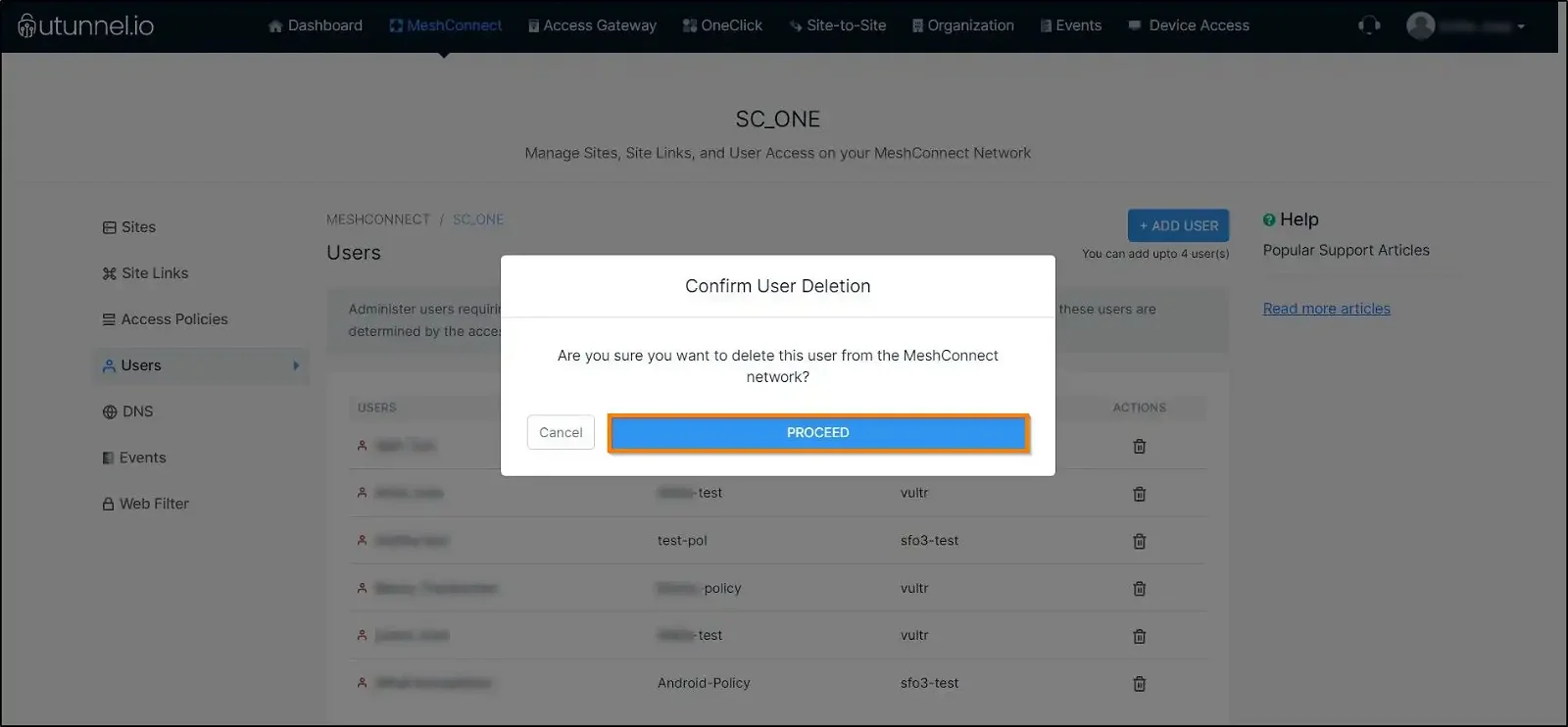 How to manage users on a MeshConnect network confirm user deletion pop-up window