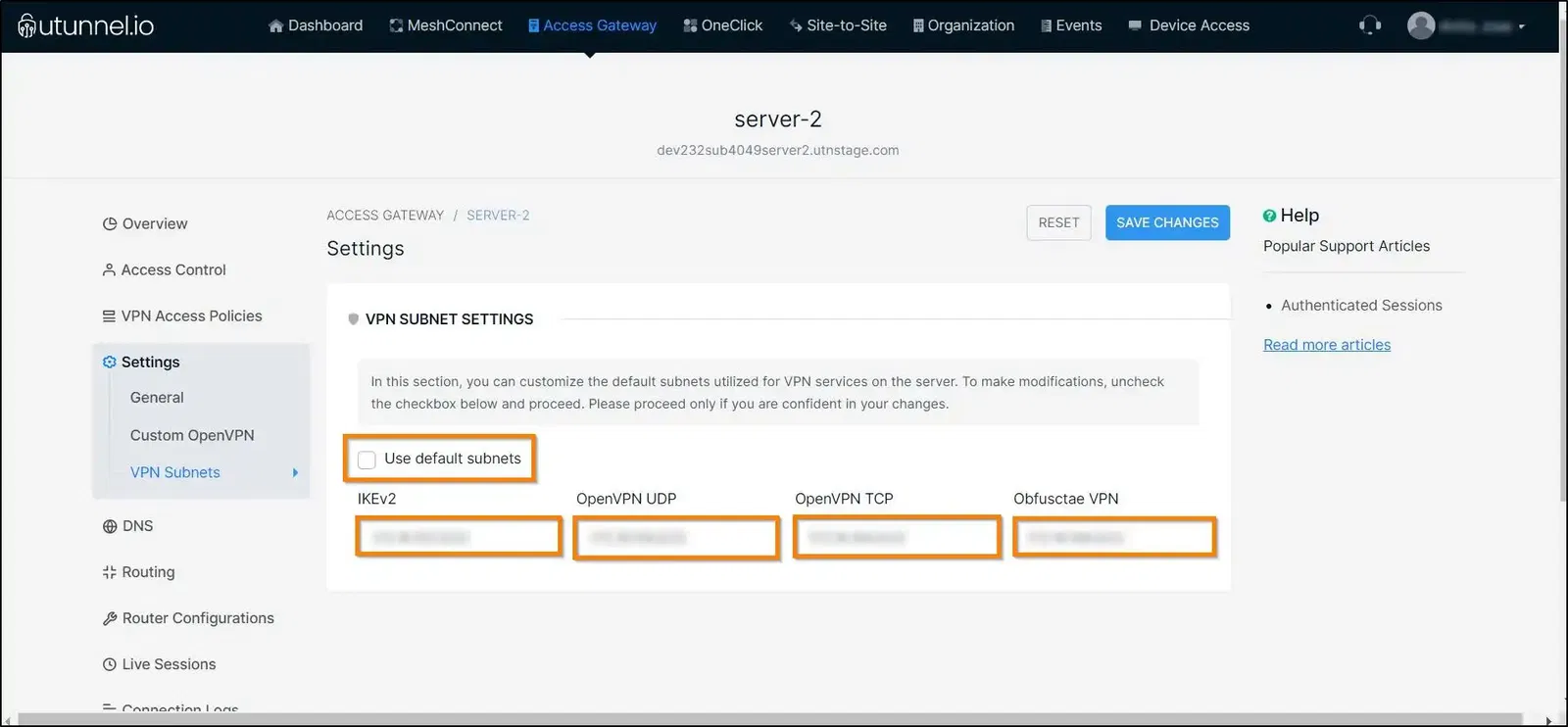 How to modify default VPN subnets settings