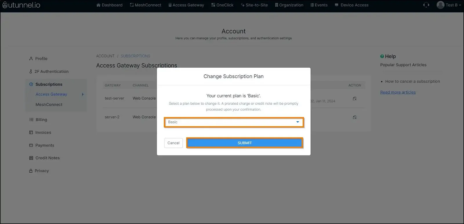 How to Modify Your UTunnel Subscription configure your subscription plan in the change plan pop-up window