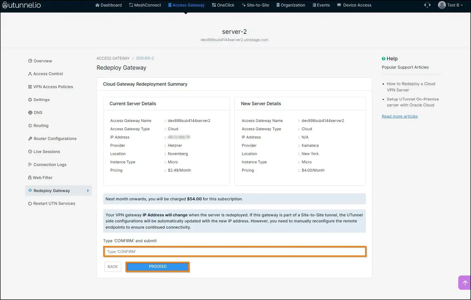 confirm coud vpn server redeploy