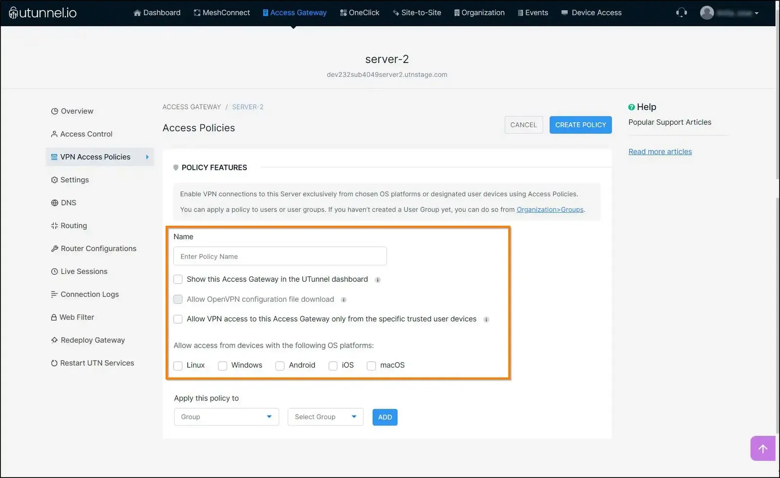 Configure business vpn access policy