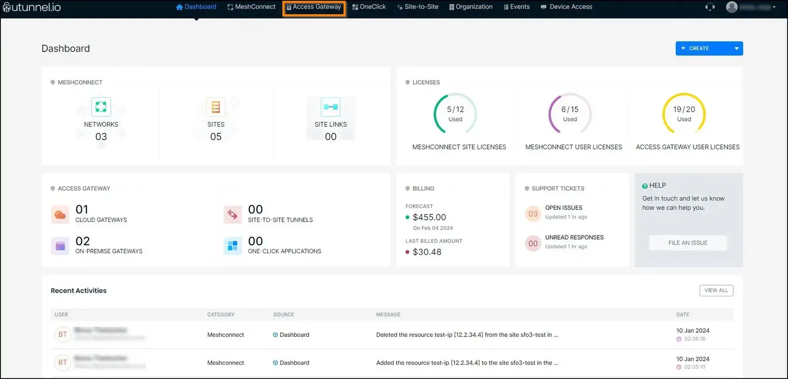 vpn connection logs dashboard page