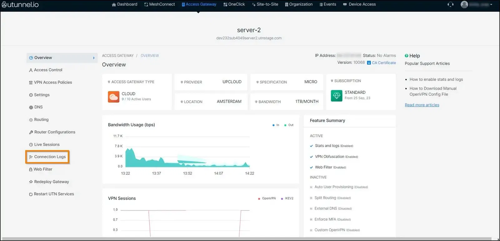 vpn connection logs server overview page