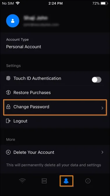 iOS VPN application features explained change password option