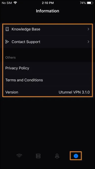 iOS VPN application features explained information tab