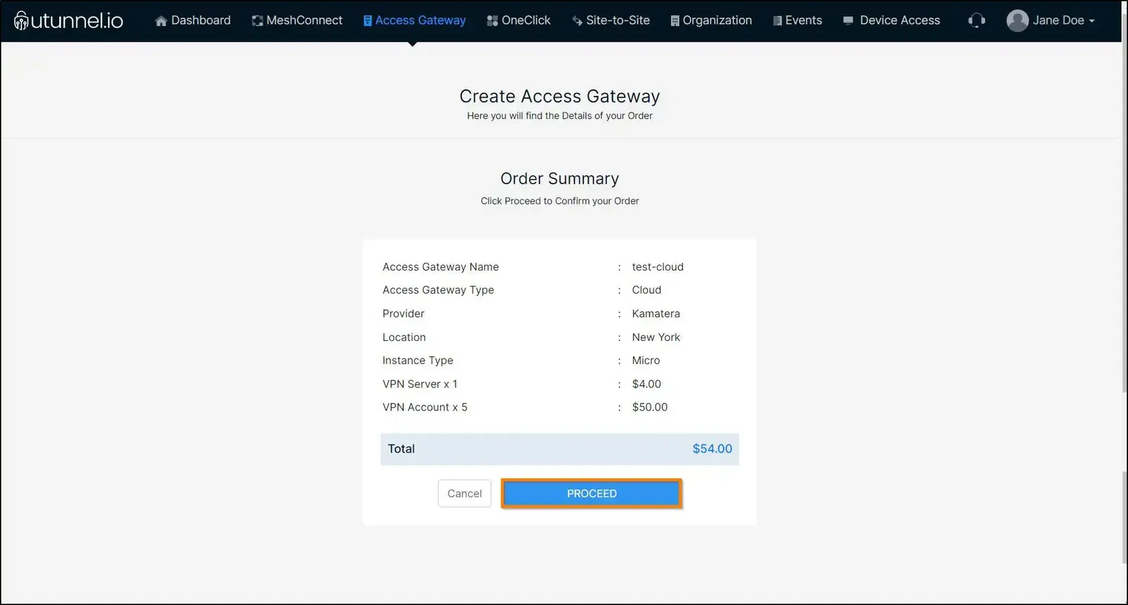 steps to deploy a cloud VPN server order summary