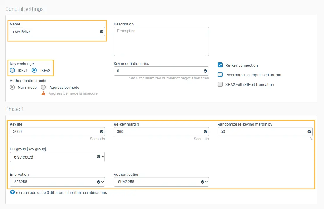 setup site-to-site tunnel with Sophos XG firewall add policy