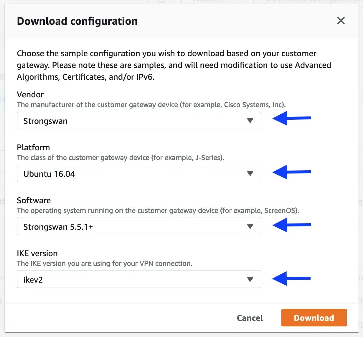 Setup site-to-site tunnel with AWS Virtual Private Gateway download configuration for Strongswan