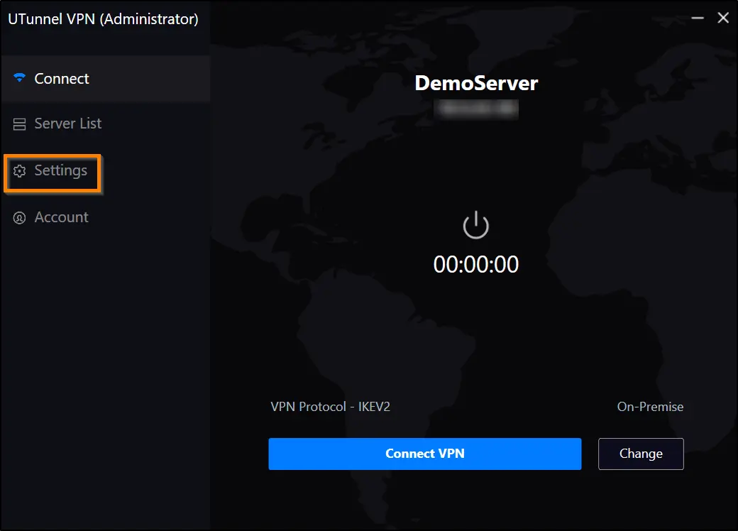 How to Access VPN Client Application Logs on Windows navigate to settings tab in the Windows client app