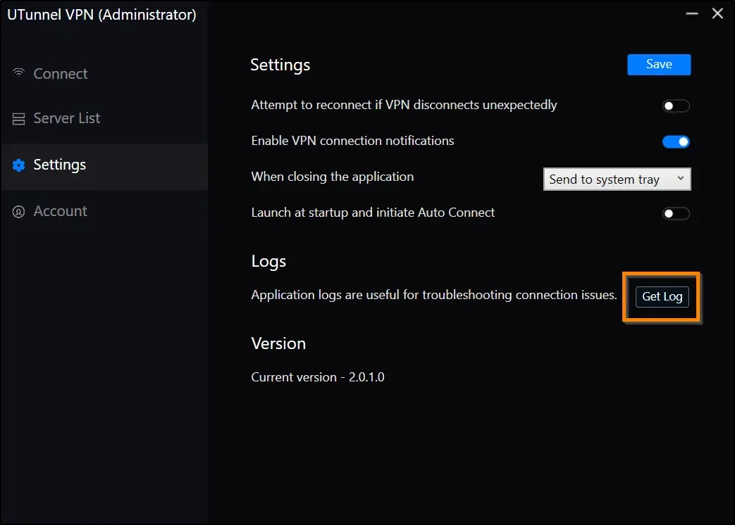 How to Access VPN Client Application Logs on Windows click on the Get Log button