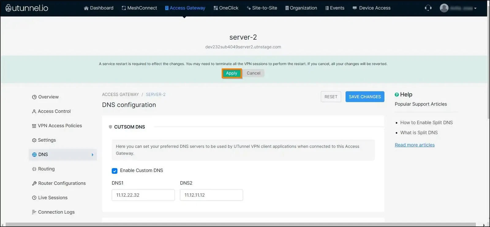 How to Enable Split DNS on Your VPN Server service restart prompt