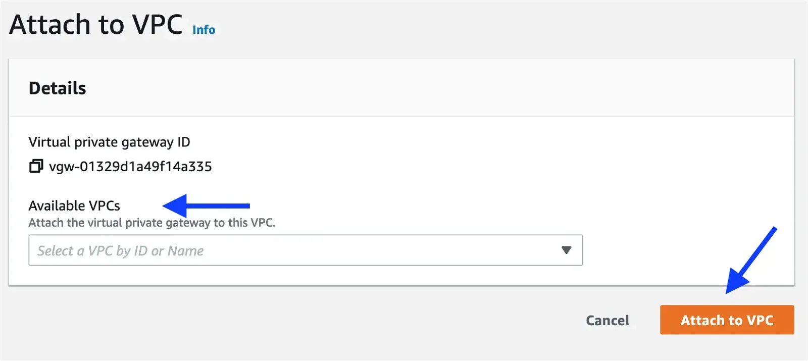 Setup site-to-site tunnel with AWS Virtual Private Gateway attach the VPC