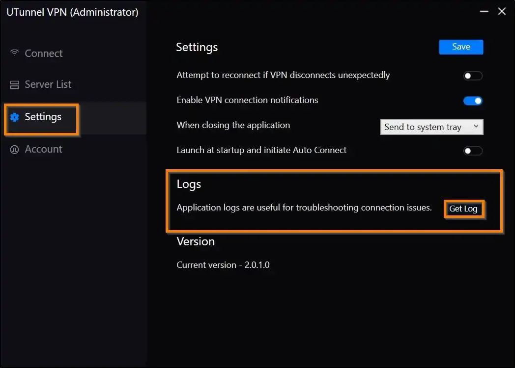 windows vpn client configuration collect application logs